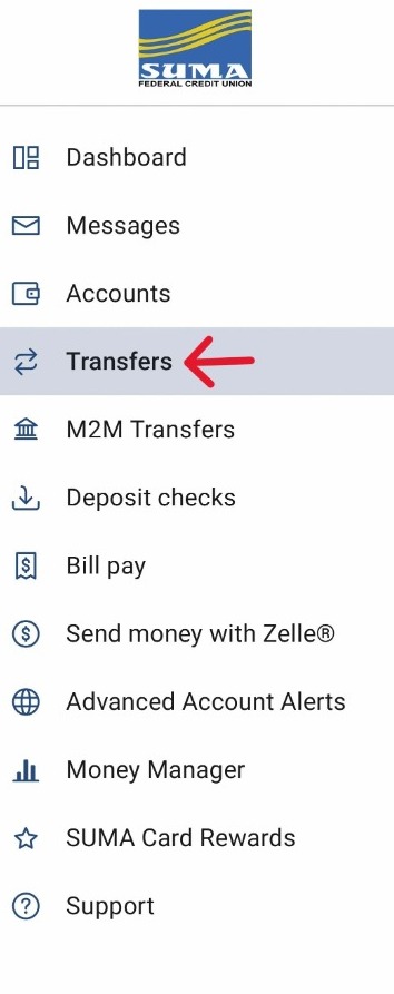 Digital Banking App main menu with Transfers pointed out