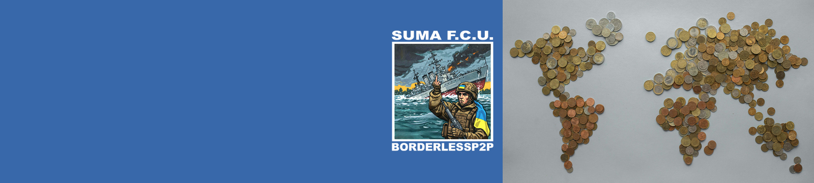 Ukrainian soldier standing in front of a sinking worship and world map made out of coins