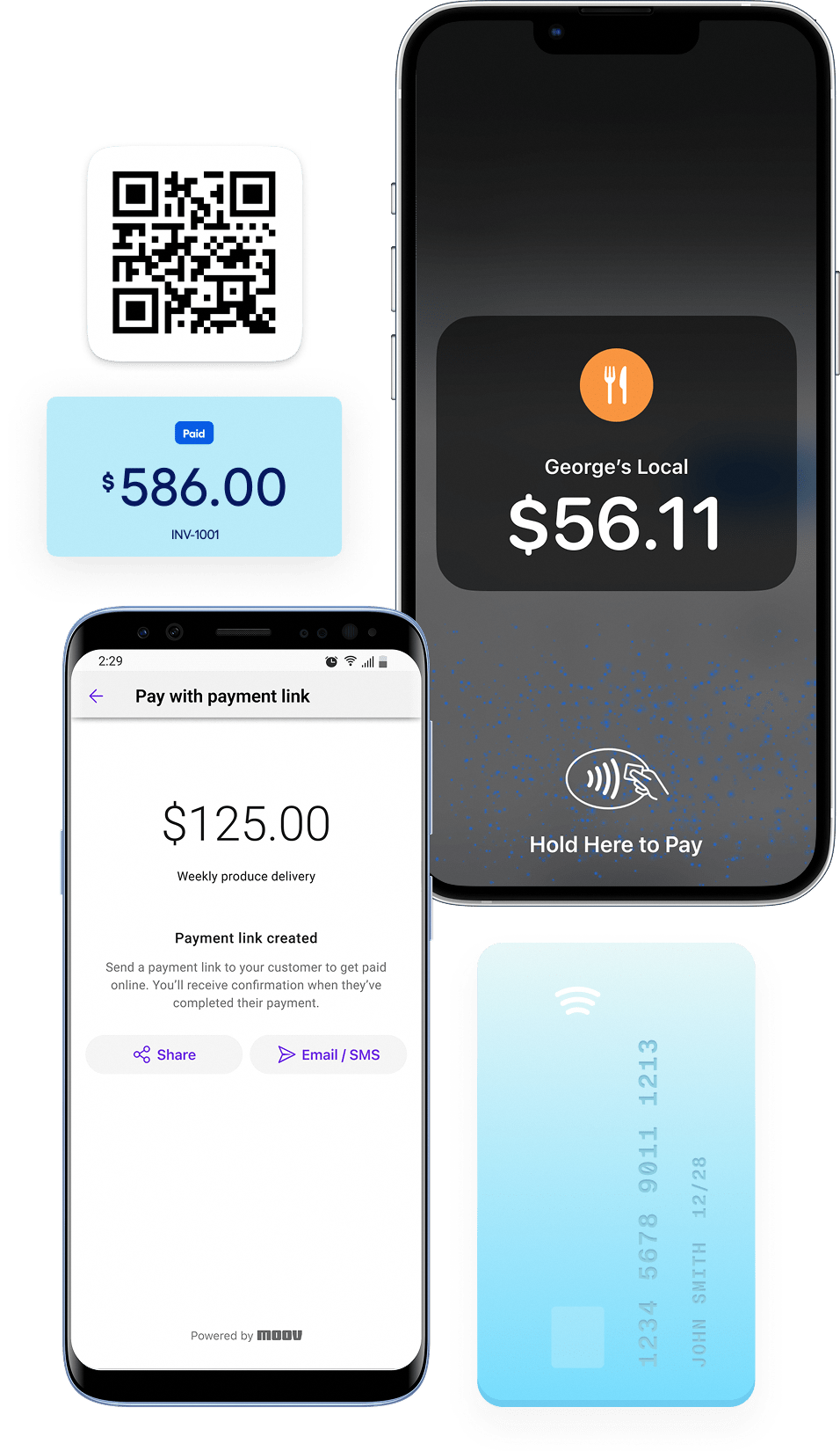 QR code and Smartphone screens with tap2pay service on