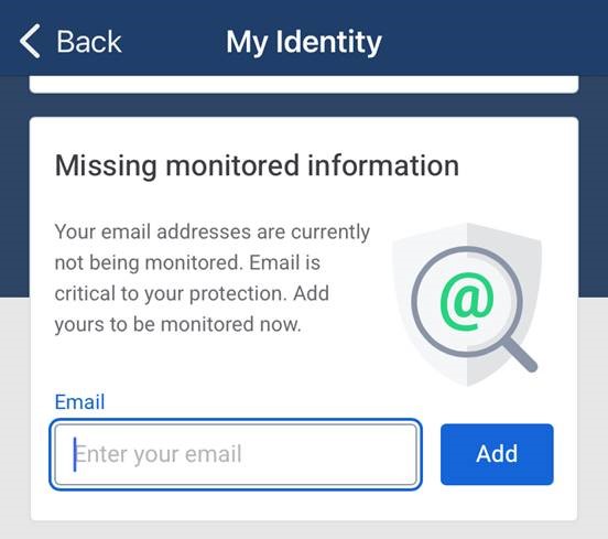 Image of My Identity Dashboard widget asking to enter email address to add it to monitored info